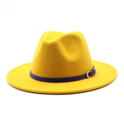 Classic Western Style Wool Felt Fedora Hat, White with Navy Band, Unisex Fashion Accessory (Yellow,One Size)