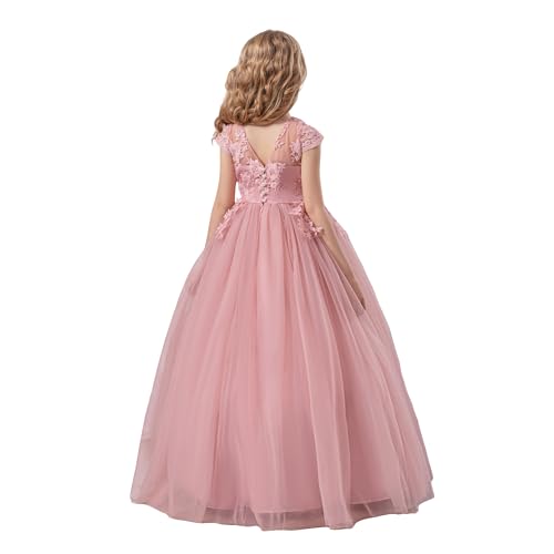 Flower Girl Dress with Bow Tie Pearl Embroidery Lace Tulle Satin Wedding Guest Party Birthday Pageant Gown Kids