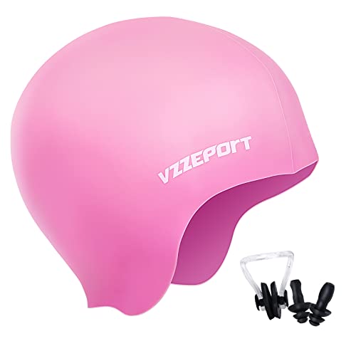 Vzzeport Gorro de Natación de Silicona Alta Elasticidad, Gorro de Baño de Secado Rápido Antideslizante con Pinza de Nariz y Tapones para Oídos, Unisex Gorro Piscina para Pelo Grueso Rizado, L, Rosa Cover
