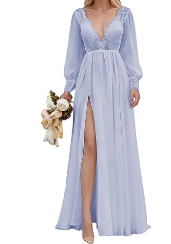 Robe de demoiselle d'honneur longue col V en dentelle avec fente WQL061