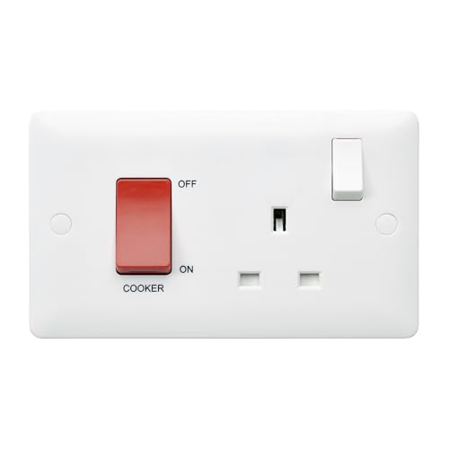 Image of MK 45A Cooker Control Unit Double Pole with 13A DP Switched Socket, Red Rocker, White, Antimicrobial Urea, Dual Earth, 2 Gang, MB5060WHI