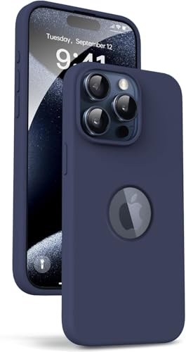 Image of Elzzi Microfiber Logo Cover Compatible for iPhone 15 Pro Case Liquid Silicone Cases Full Body 4 Layer Protective Covers Shockproof Back Cover (Blue)