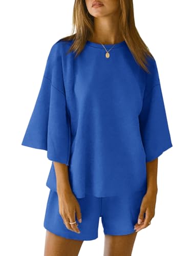 Image of Tankaneo Womens Pajama Sets 3 /4 Sleeve Oversized Tops & Loose Fit Shorts Lounge Set with Pockets Loungewear