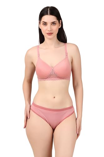 Image of ESAKI Women's Cotton Lace Lingerie Set | Padded Wire-Free Comfort Bra & Panty Combo | Everyday Essentials in Nude