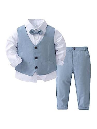 MSemis Traje Elegante de Bautizo para Bebe Niño Camisa de Manga Corta con Pajarita y Chaleco Boda y Pantalones Largos de Traje Caballero Ropa de Bautismo A Azul Claro 9 12 Meses