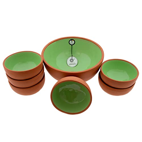 CERÁMICA RAMBLEÑA | Cuenco gazpacho | Gazpacho Andaluz | Gazpacho Manchego | Cuencos cocina | Conjunto Bol Ensaladera rústico - Verde - Modelo 22 | 25x25x12cm + x6 cuencos 14x14x7cm