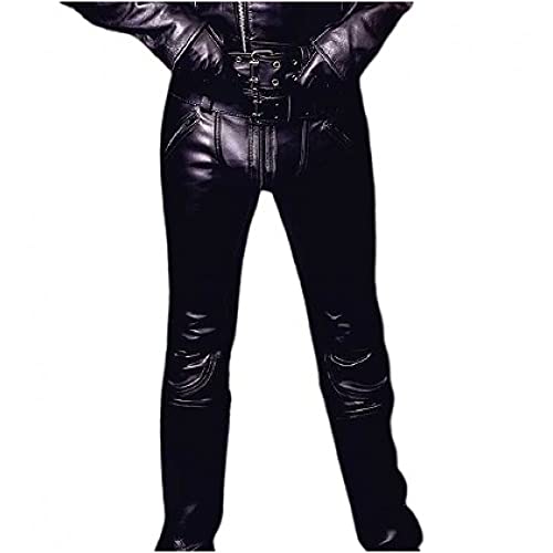 AREENO Mens Real Leather Double Zips Bikers Pants BLUF Pants Cowhide Pants Jeans