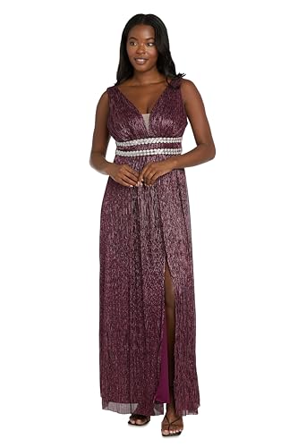 Image of R&M Richards Women's Pleated Maxi Dress W /Illusion V-Neck, Embellished Waistband & Front Slit - Party & Cocktail Gown