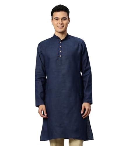 Image of Majestic Man Men's Cotton Regular Fit Traditional Mandarin Collar Ethnic Motifs Solid Long Kurta