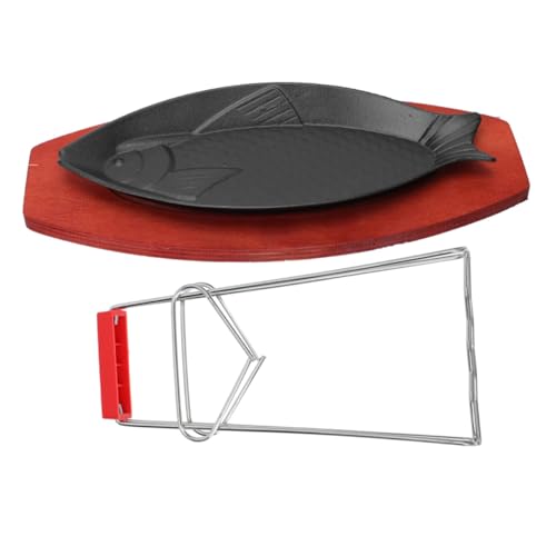 Mikinona Bandeja de Hierro para Asar Tipo Pescado Antiadherente Resistente Base de Madera para Barbacoas y Cocina Casa para Filetes y Pescado