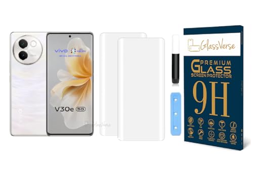 Image of GlassVerse Vivo V30E UV Tempered Glass Screen Protector. Pack Of 2 | 3D Curved Edge | 9H Hardness | Full UV Glue with UV Light | Anti-Scratch | Case Friendly | HD Clear. (6.78 Inches)