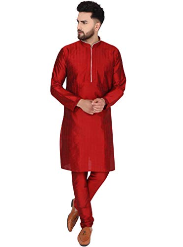 SKAVIJ Men's Art Silk Kurta Pajama Indian Traditional Ethnic Wear Dress Suits Set