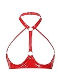 YONGHS Women's Shiny Metallic Leather Lingerie Halter Neck Cupless Cage Bra Bustier Crop Top Red Small