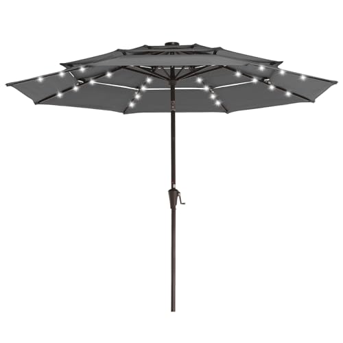 Image of JEAREY 3 Tiers Patio Umbrella with Solar Lights 9ft Outdoor Market Table Umbrellas with Push Button Tilt for Outside Pool Garden, Gray