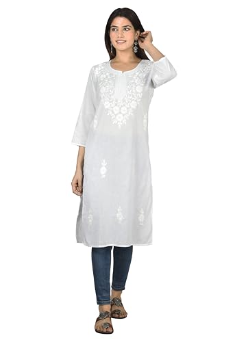 Vrnda Women's White Cotton Kurti – Hand-Embroidered Lucknowi Chikankari, Straight