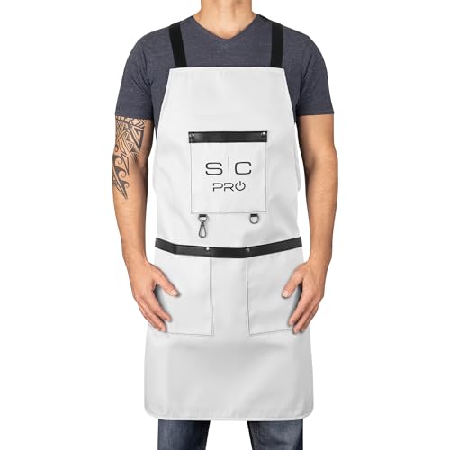 Stylecraft Hair Cutting Apron, Heavy Weight, Waterproof, Professional Barber-Salon Cross Back Strap and Pockets (White)