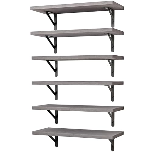 YGEOMER 16.5 Inch Floating Shelves for Wall, Farmhouse Wall Shelves for Bedroom, Bathroom Storage, Living Room and Kitchen Decor (Set of 6 Grey)