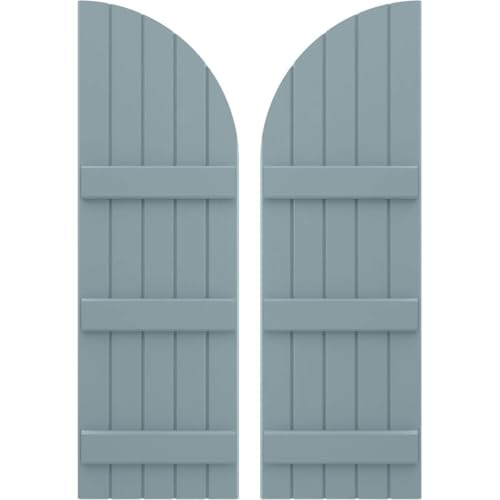 Ekena Millwork ARW401BQ518X73SBH Americraft Five 3 Exterior Real Wood Joined Board-n-Batten Shutters w/Arch Top (Per Pair), 73-in. H, Peaceful Blue