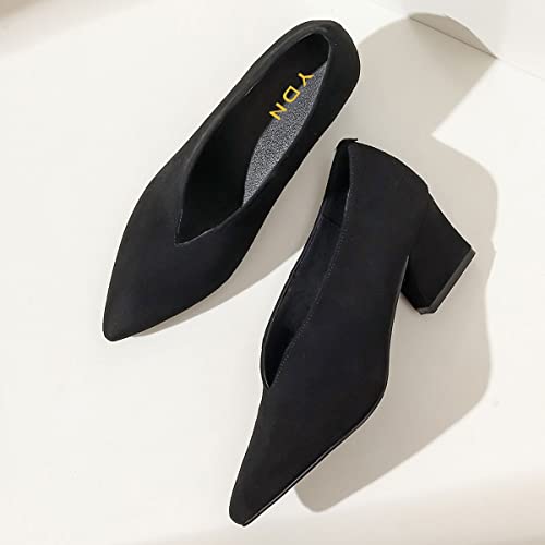 YDN Women Pointed Toe V-Cut Pumps Slip On Chunky Low Heels Formal Wear Outfit Shoes Size 4-15 US4