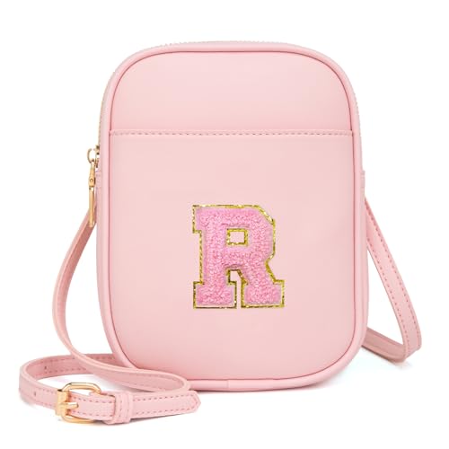 Toddler Purse Initial Crossbody Bags for Girls 3 Pockets PU Leather Cross Body Bag Crossbody Purse Handbag Personalized Preppy Teen Girl Gifts Trendy Stuff (Light Pink R)