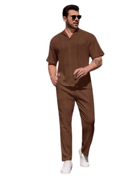 Men’s Solid Brown Casual Co-Ord Set – Half Sleeve Relaxed Fit Shirt with Matching Trousers | Lightweight Breathable Fabric | Smart Travel, Lounge & Everyday Wear-image-33