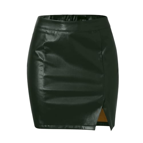 Leder Rock Damen mit Schlitz High Waist Lederrock Minirock PU Lederoptik Party Bleistiftrock Kunstlederrock Grün L