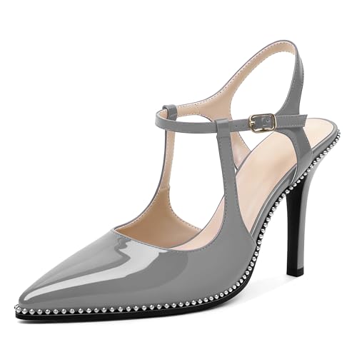Image of SAMMITOP Womens High Heels Ankle Strap Pointed Toe Stilettos Patent Leather Beaded Pumps Dress Shoes 3.5 Inch
