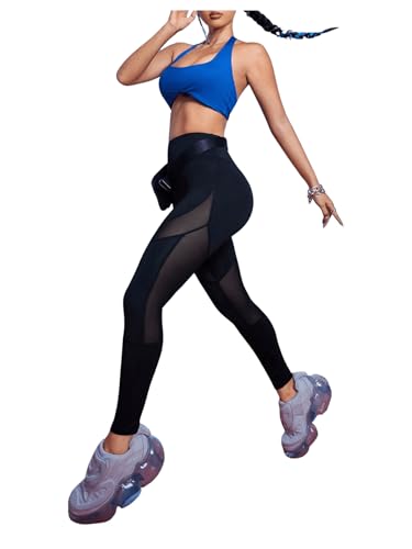 SweatyRocks Women's Mesh Leggings High Waisted Tummy Control Patchwork Slim Fit Yoga Pants Capris