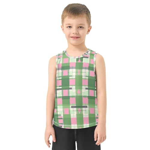 JUNZAN Green Pink Checkered Children Tank Top Sleeveless Summer Vest Tee Toddler Crewneck T-Shirts for Running Hiking 3T2