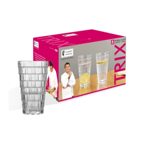 Image of Sanjeev Kapoor Trix Hi-Ball Glass Set - 380ML Transparent Glass Tumblers | Set of 6 Round Juice & Cocktail Glasses | Elegant, Durable & Stylish Drinkware for Home, Bar & Parties