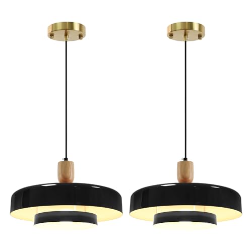 Image of Set of 2 Pcs 13.8 inch Black Dome Pendant Light Nordic Flush Mount Ceiling Light Solid Wood Hanging Light Farmhouse Pendant Lighting for Kitchen Island Dining Room Restaurant