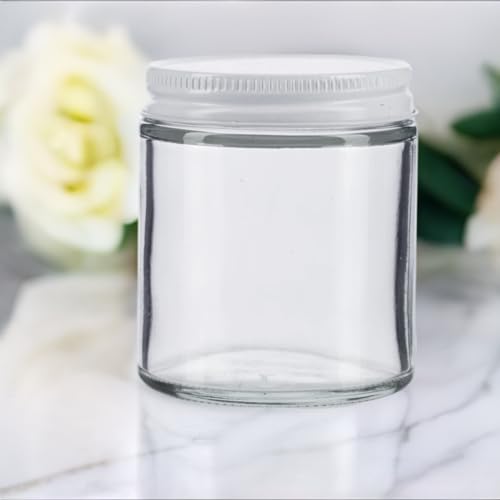 JUVITUS Clear Thick Glass Straight Sided Jar with White Metal Airtight Lid - 4 oz / 120 ml (12 pack) BPA Free Refillable Empty Storage Containers3