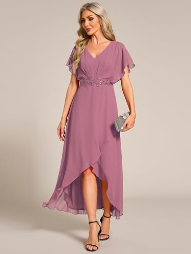 Image of Ever-Pretty Women's Formal Dress A Line V Neck Applique Waist Tea Length Wedding Guest Dress 02027