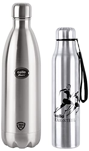 Image of Cello Swift Stainless Steel Double Walled Flask, Hot and Cold, 1000ml, 1pc, Silver & Cello Goldie Stainless Steel Water Bottle, 1000 ml, Set of 1, Silver