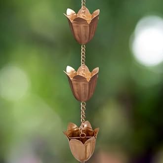 Qipade Rain Chains for Gutter, 8.3 Ft Tulip Rain Water Chain with 12 Cups, Adjustable Gold Rain Catcher Chain, Replacement Downspout for Gutters, Eaves Drainage Decor