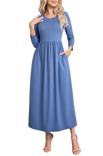Enmain Vestido Mujer Manga Larga Elegante Azul Marino Invierno Cómodo con Bolsillos Vestido Largo Mujer Casual Largo Talla Grande Elástico