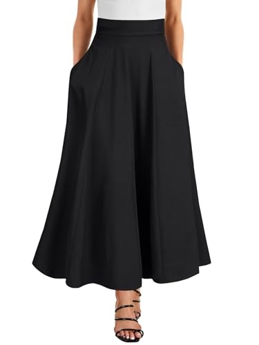 Rooscier Women's Elastic High Waist Tie Knot Back A-Line Flared with Pockets Long Skirt