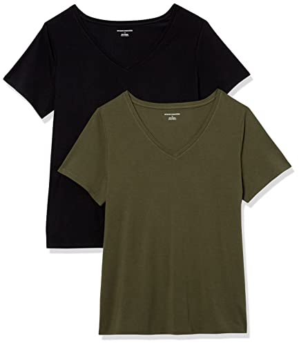 Amazon Essentials Damen T-Shirt mit V-Ausschnitt und kurzen Ärmeln in Übergröße, 2er-Pack, Schwarz/Olivgrün, 3XL Große Größen