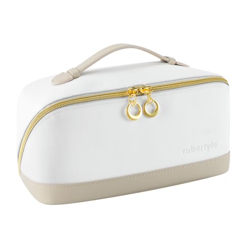 Travel Makeup Bag,Large Capacity Cosmetic Bags for Women,Waterproof Portable Pouch Open Flat Toiletry Bag Make up Organizer with Divider and Handle (khaki)