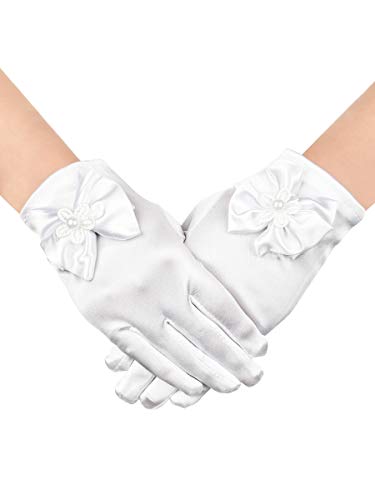 Chuangdi White Short Princess Lace Gloves First Communion Satin Gloves with Bow Tie for Girls Women Wedding Faux Pearl Decoration Party(Satin Type, White)