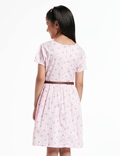 Image of Amazon Brand - Jam & Honey Girl's 100% Soft & Pure Cotton Comfortable and Stylish Printed Woven Dress with Short Sleeves and Belt - Perfect for Every Occasion