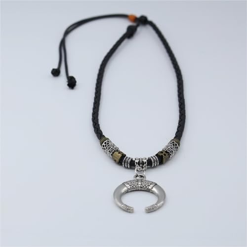 Vintage Crescent Moon Pendant Necklace, Braided Leather Cord, Tribal Beads, 17.7+4.7 inches, Black2