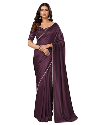 Image of FABIAN FASHION Women's Plain Japan Satin Silk Saree with Pearl Lace Border, Includes Unstitched Matching Blouse Piece - Elegant Saree(AVN 1694)
