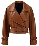 MERCH ATTIRE Cropped-Trenchjacke aus hochwertigem Leder mit Gürtel an der Taille und Schnallenmanschette, Braun – Kunstleder, S