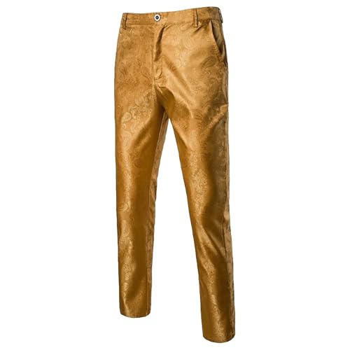 Men's Fashion Floral Glitter Trousers Casual Jacquard Sequin Velvet Pants Floral Design Tuxedo Suit Pant (Golden,Large)