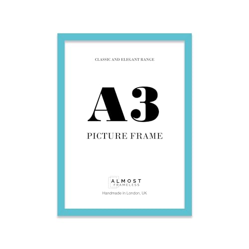Almost Frameless A3 Turquoise Picture Frame Fits A3 (29.7 x 42cm - 11.7 x 16.5in) Poster, Photo, Artwork, or Print. Thin Edge Slim Frame Portrait and Landscape Display with Wall Hooks