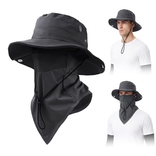 Breathable Fisherman Hat with Detachable Face Mask Sun Hat Neck Flap Wide Brim Bucket Hat for Men Hiking Fishing (Black)