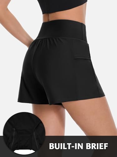 Image of ATTRACO Quick Dry Womens Swim Shorts 3.7 inch High Waist Swimsuits Bottoms Beach Water Shorts Black L