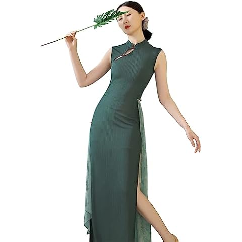 ROYAL SMEELA Chinese Qipao Dress for Women Cheongsam Dress Mandarin Collar Green Maxi Chinese Dresses Traditional Clothes Cover