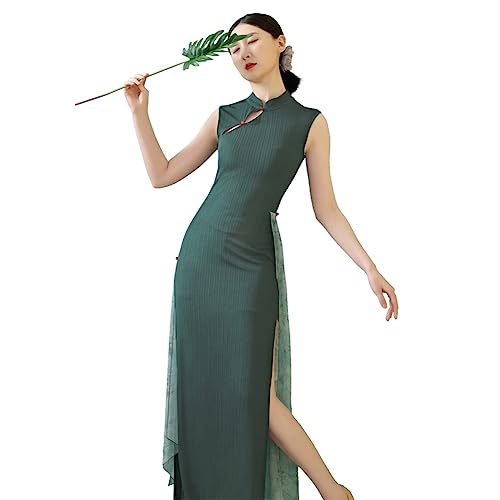 ROYAL SMEELA Vestido Qipao Cheongsam Chino Tradicional Largo Verde División para Mujer